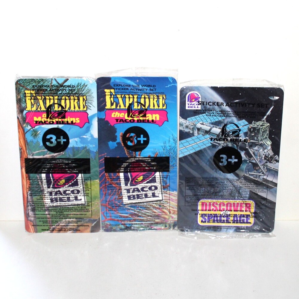Taco Bell lot 3 sticker activity set Explore Mountains Ocean Discover Space vtg